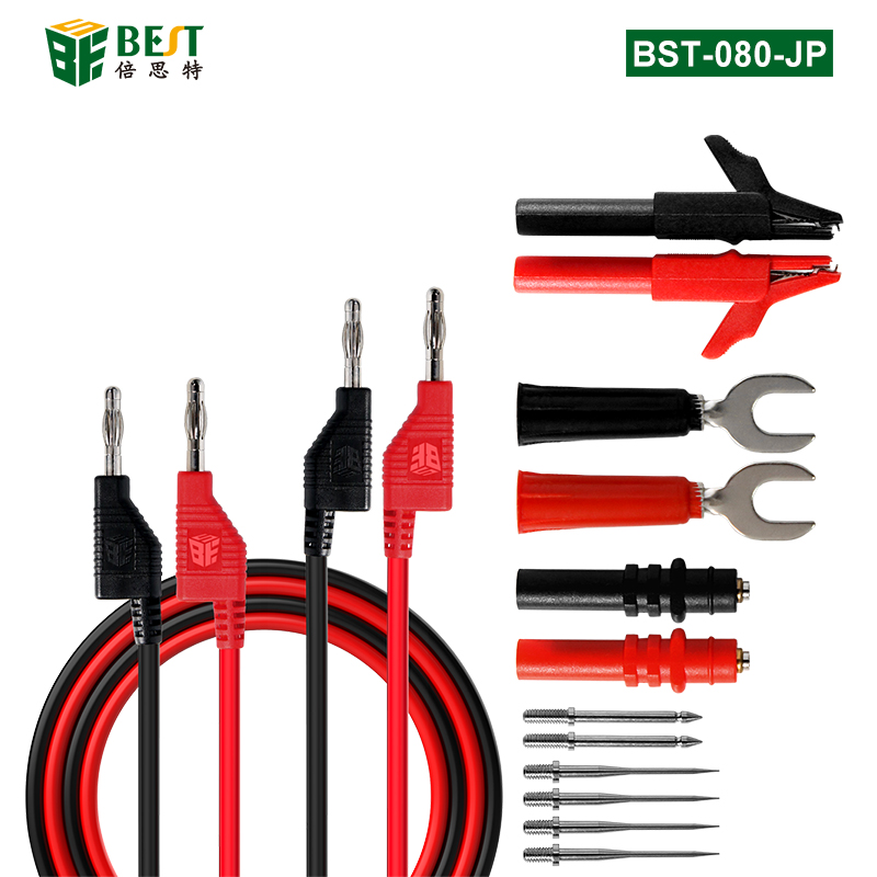 BST-080-JP 組裝式疊插香蕉插頭測試線14PCS 多功能組合測試線套裝 香蕉插轉(zhuǎn)U型插片/鱷魚夾/萬用表棒/表筆線細尖探針 2000V20A大電流